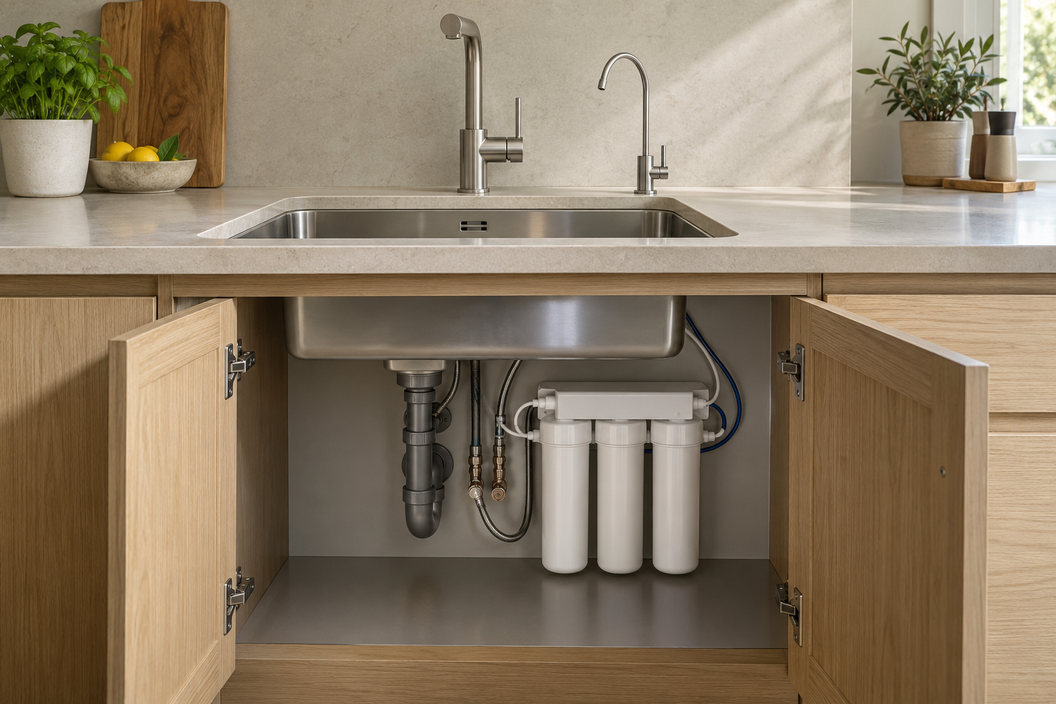 Depuratore d’acqua domestico con tre filtri installato sotto il lavello di una cucina moderna